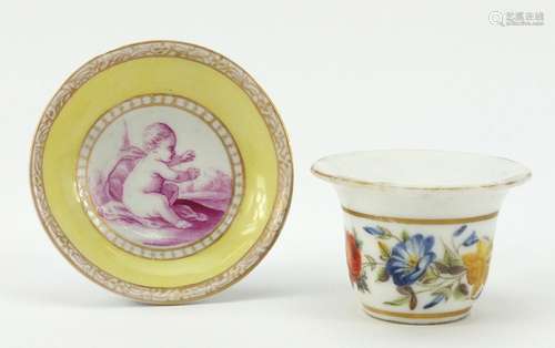 Meissen porcelain dish hand painted with Putti and a patch holder hand painted with flowers, the