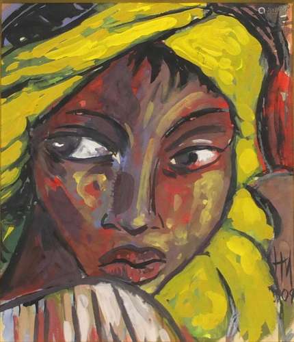 Portrait of an eastern girl, gouache, bearing a monogram HN, mounted, framed and glazed, 20.5cm x