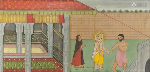 Maharajha holding hand of Hura with a Queen looking on, 19th century Indian Bikaner school painting,