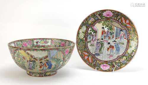 Large Chinese Canton porcelain bowl and a similar plate, each hand painted with figures, the largest