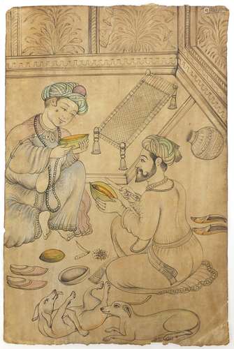 Disciple serving fruit to a saint/sufi, 19th century Indian Udaipur school painting, unframed, 24.