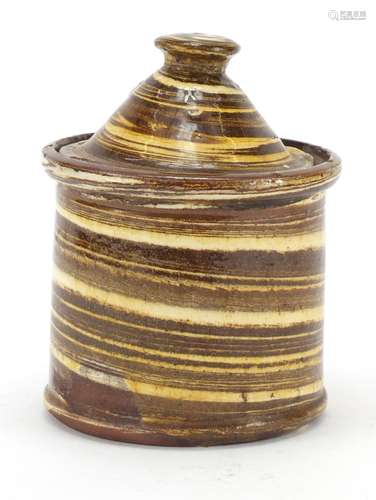 19th century agate ware pottery tobacco jar and cover, 15.5cm high : For Further Condition Reports