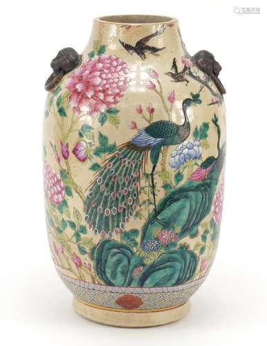 Chinese porcelain crackle glaze vase with ring turned handles, hand painted in the famille rose