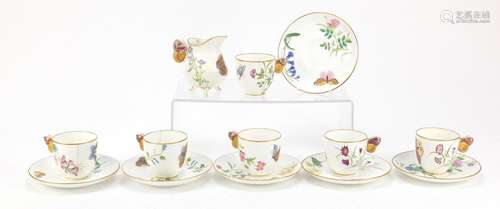 Six Aesthetic butterfly handle teacups and saucers and a milk jug by Minton, each cup 6.5cm high :