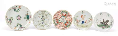 Five Chinese porcelain dishes, each hand painted with flowers, butterflies and fish, the largest