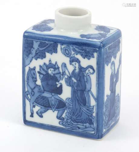 Chinese blue and white porcelain tea caddy, hand painted with figures, 13cm high : For Further