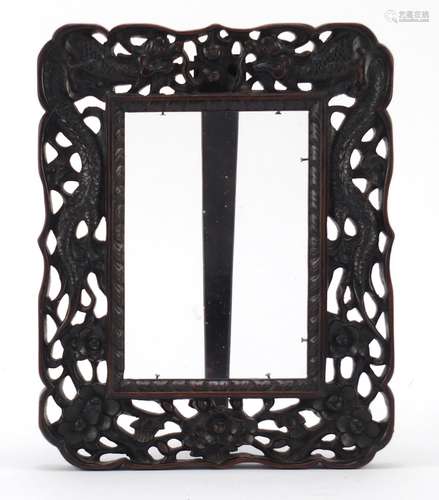 Chinese hardwood easel photo frame carved with dragons chasing a flaming pearl and prunus blossom,