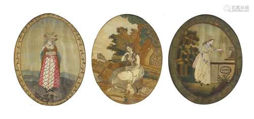 Three Georgian oval silk embroidered panels including one of a female with a dog, paper labels