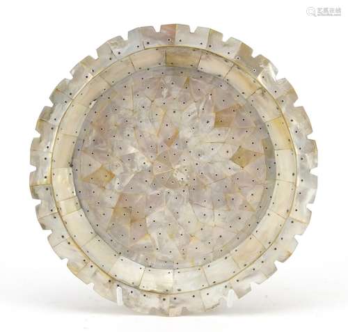 Indian Goa mother of pearl plate formed of pinned sections, 21.5cm in diameter : For Further