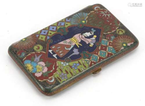 Japanese gilt metal cloisonné cigarette case enamelled with a figure and flowers, 9cm high : For