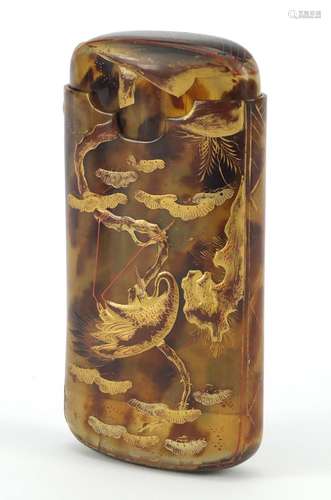 Japanese lacquered horn cigar case decorated with birds amongst flowers, 11.5cm x 6.5cm : For