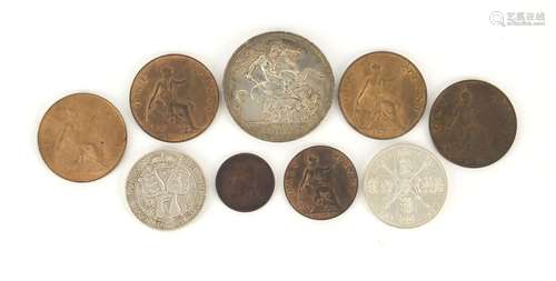 Victorian coinage including 1887 crown, 1887 florin and pennies : For Further Condition Reports