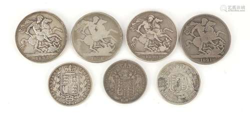 George III and later British silver coinage comprising four crowns, 1821, 1821, 1890 and 1895 and