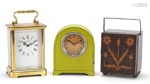 Two mantle clocks and a Jonelle carriage clock including one housed in an inlaid case, the largest