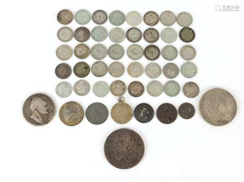 18th century and later British and world coinage, mostly silver, including George III crown, 1856