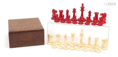 19th century English Staunton half stained carved ivory chess set with oak box, the largest pieces