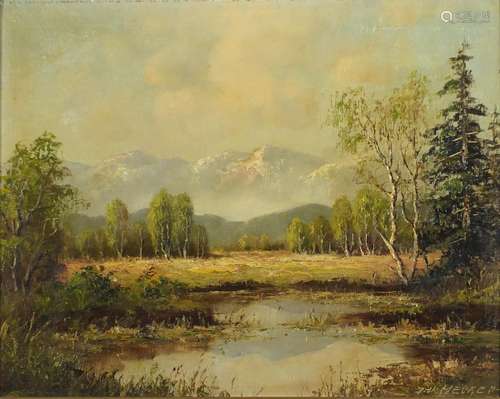 Landscape before mountains, German school oil on canvas, indistinctly signed and inscribed verso,