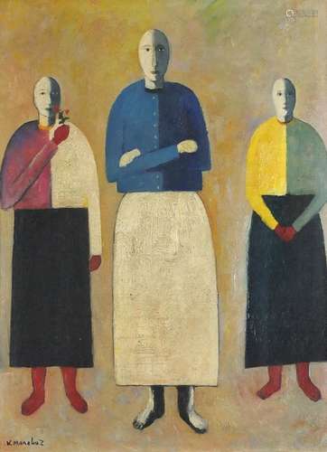 Three figures, Russian school oil on board, mounted and framed, 39.5cm x 30cm : For Further