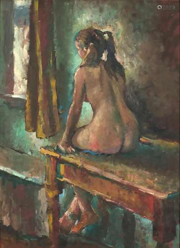 Sherree Valentine Daines - Nude female on a table, Impressionist oil on board, framed, 57cm x 40.5cm