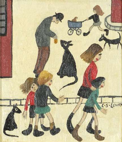 After Laurence Stephen Lowry - Street scene with dogs, oil on board, framed, 16cm x 13.5cm : For