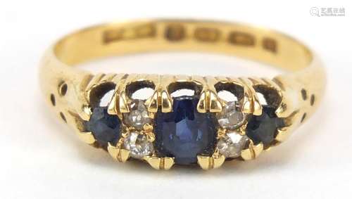 Victorian 18ct gold sapphire and diamond ring, Birmingham 1890, size K, 2.8g : For Further Condition