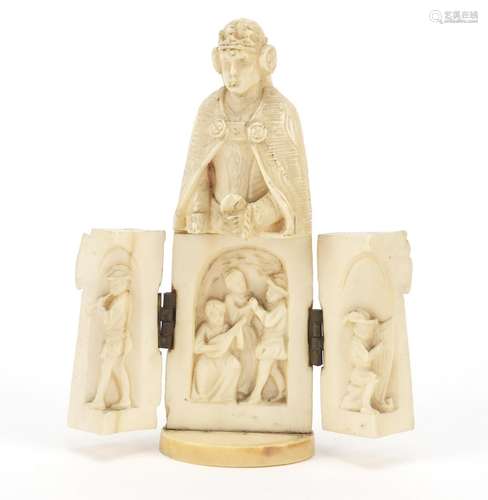 19th century French Dieppe carved ivory tryptych figure, 8.5cm high : For Further Condition