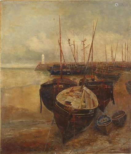 Attributed to James Elder Christie - Moored boats, Scottish school oil on canvas, unframed, 76cm x