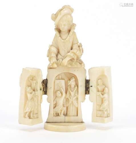 19th century French Dieppe carved ivory tryptych figure, 9cm high : For Further Condition Reports