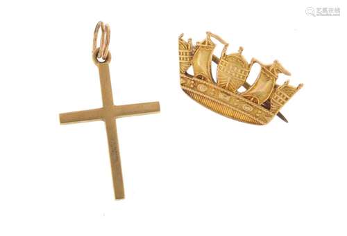 9ct gold Naval Crown brooch and a 9ct gold cross pendant, the largest 2cm in length, 2.6g : For