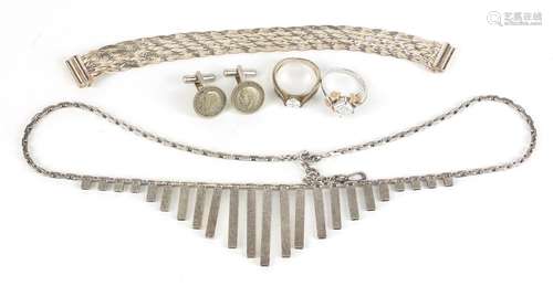 Silver jewellery comprising designer necklace, bracelet, two rings and a pair of cufflinks, 66.