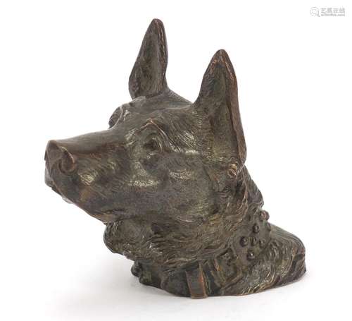 Patinated bronze Alsatian head paperweight, 8cm high : For Further Condition Reports Please Visit