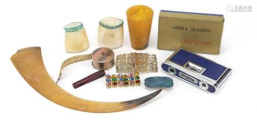 Objects including nurses buckles, enamel buckle, scrimshaw style horn and opera glasses, the largest