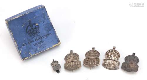 Four silver Air Raid Precautions badges and a lapel, one with box, 40.2g : For Further Condition