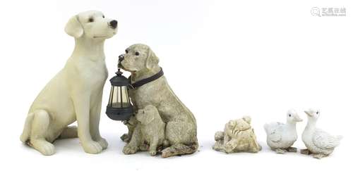 Model animals including a group of dogs lantern and a stoneware frog, the largest 39cm high : For