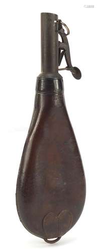 Victorian brown leather powder flask by Sykes, 20.5cm in length : For Further Condition Reports