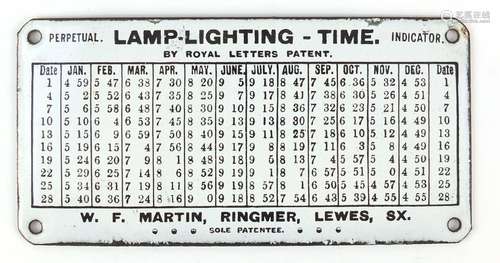 Lamp lighting time perpetual indicator enamel plaque by Royal Letters Patent, 15cm x 7.5cm : For