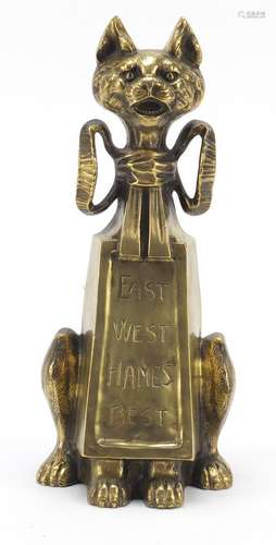 Heavy Victorian brass doorstop in the form of a cat with a West Hames Best motto, registered