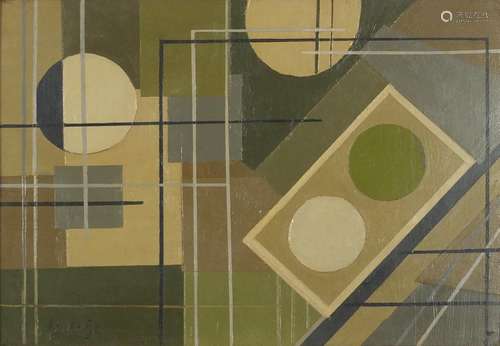 Manner of Ben Nicholson - Abstract composition, geometric shapes, oil on board, stamp verso, mounted