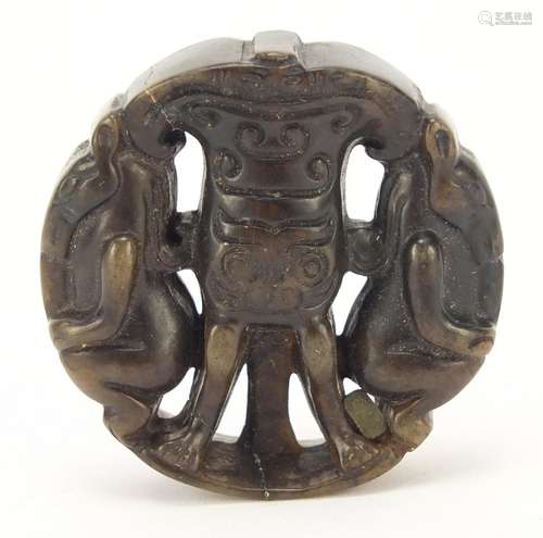 Chinese russet jade carving of mythical animals and an archaic vessel, 5cm in diameter : For Further