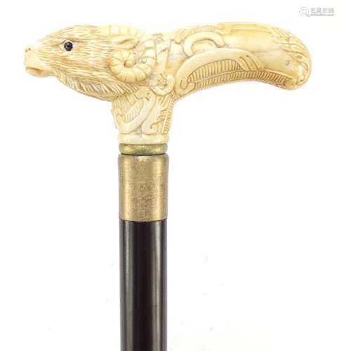 Hardwood walking stick with carved bone handle in the form of a goat, 93.5cm in length : For Further