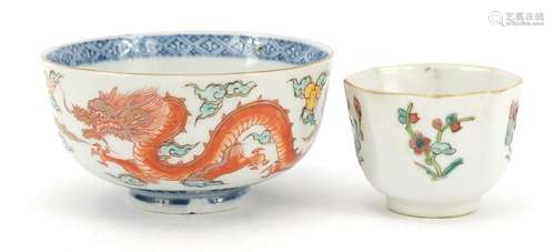 Two Chinese porcelain bowls including one hand painted with a dragon and phoenix chasing a flaming