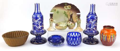 China and glassware including a pair of 19th century bohemian blue flashed and gilded glass vases,