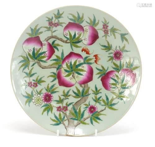 Chinese celadon glaze porcelain plate hand painted in the famille rose palette with bats amongst