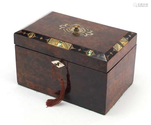 Victorian bird's eye maple table casket with mother of pearl and foliate inlay, 13.5cm H x 21cm W