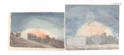 Fire at The Royal Statham Opera House, two 19th century watercolours on card, unframed, the