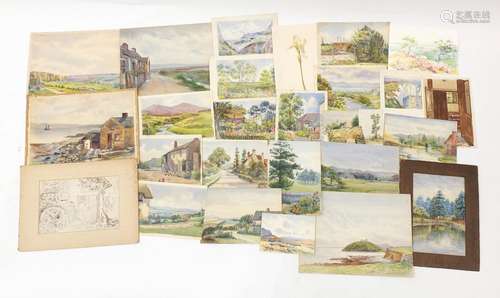 F Selby - Collection of watercolours and ink drawings, unframed, the largest 36cm x 25.5cm : For