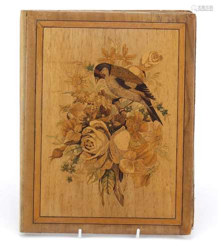 19th century Italian Sorrento ware blotter file inlaid with a bird amongst flowers, 31.5cm x 23.