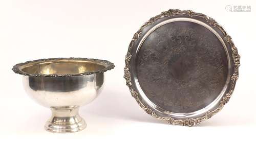 Large circular silver plated punch bowl and tray, the tray 49cm in diameter : For Further