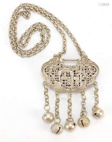 Chinese silver coloured metal pendant with bell drops on chain, the pendant 7cm high : For Further