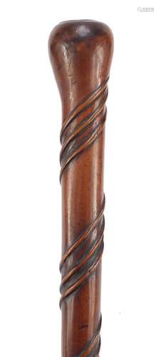 18th century carved hardwood walking stick with inset silver disk, 93cm in length : For Further